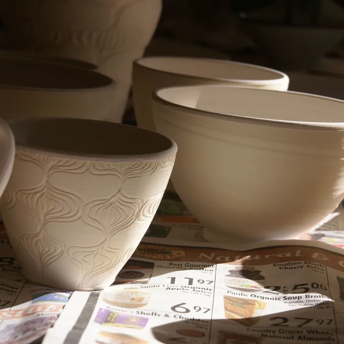 Bisqued pieces awaiting glazing
