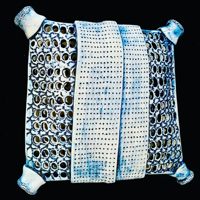 Pierced pillow diatom sculpture, cobalt wash